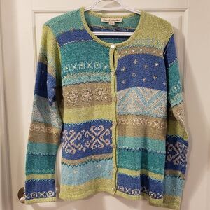 David Brooks Women's Multicoloured Patchwork Snowflake Button Sweater - size L